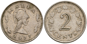 Мальта 2 цента 1977 Пентесилея, царица амазонок KM 9 медь цинк 4154-718