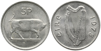 ИРЛАНДИЯ 5 ПЕНСОВ 1978 БЫК KM 22 медно-никель 34-922