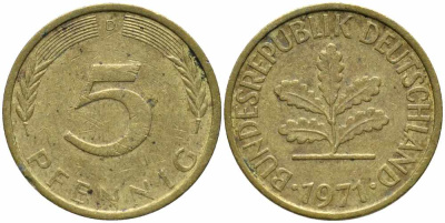 ФРГ 5 ПФЕННИГОВ 1971 D KM 107, J. 382 сталь плакированная латунью 112-148