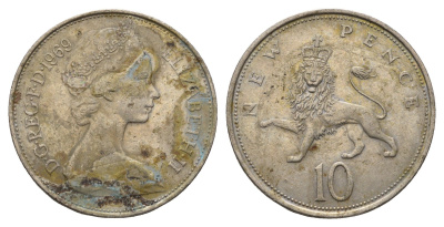 Великобритания 10 пенсов 1969 Елизавета II (1952-2022) KM 912, Spink 4231 (F1) медно-никель 3336-952