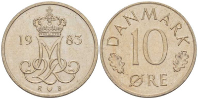 Дания 10 эре 1983 R; B, Маргрете  II (1972-2024) KM 860.3 медно-никель 4387-1236