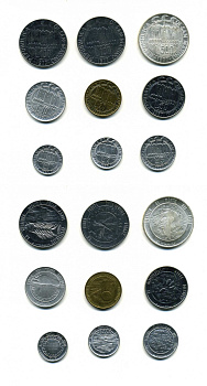 Сан-Марино набор из 9 монет 1977 1, 2, 5, 10, 20, 50, 100, 100 и 500 лир стилизованная перевернутая вверх ногами птица над звездами в круге KM 63-71 серебро N5-13