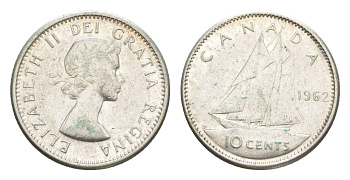 Канада 10 центов 1962 Елизавета II (1952-2022), парусник KM 51 серебро 4639-611