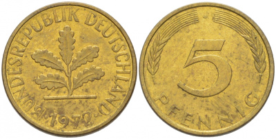 ФРГ 5 ПФЕННИГОВ 1972 J KM 107 J. 382 сталь плакированная латунью 3955-611