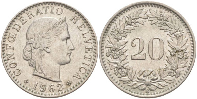 Швейцария 20 раппенов 1962 В KM 29a медно-никель 55-823