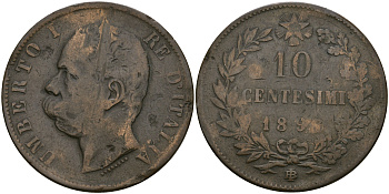 ИТАЛИЯ 10 ЧЕНТЕЗИМО 1893 B/I, УМБЕРТО I (1878-1900) KM 27.1 медь 08-1212