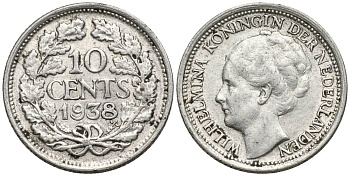 Нидерланды 10 центов 1938 Вильгельмина I (1890-1948) KM 163 серебро 4549-1047
