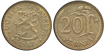 Финляндия 20 пенни 1987 M KM 47 алюминиевая бронза 259-551