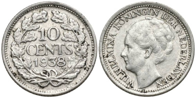 Нидерланды 10 центов 1938 Вильгельмина I (1890-1948) KM 163 серебро 4549-1047