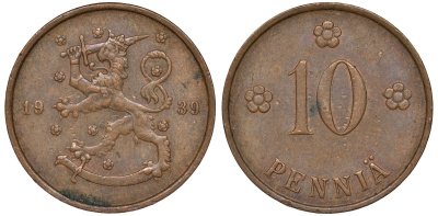 Финляндия 10 пенни 1939 KM 24 медь 51-3056