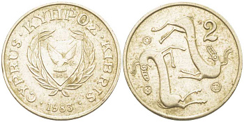 КИПР 2 ЦЕНТА 1983 KM 54.1 никель латунь 214-547