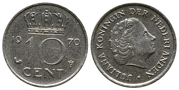 Нидерланды 10 центов 1970 Юлиана (1948-1980) KM 182 никель 3334-415