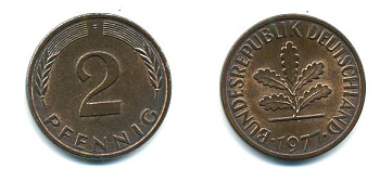 ФРГ 2 пфеннига 1977 F KM 106a, J.381a сталь плакированная медью 3999-1139