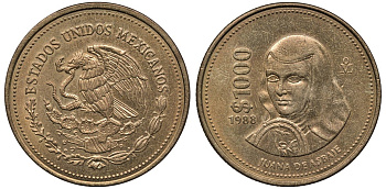 Мексика 1000 песо 1988 Мо, Хуана де Асбахе KM 536 алюминиевая бронза 4367-1135