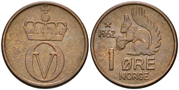 Норвегия 1 эре 1962 белка, Улаф V (1958-1991) KM 403 бронза аUNC 4580-942