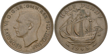 Великобритания 1/2 пенни 1945 Георг VI (1936-1952) KM 844, Spink 4115 бронза 4579-156