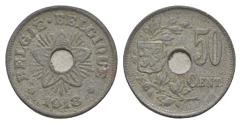 Бельгия 50 сантимов 1918 германская оккупация Первая мировая война, Альберт I (1909-1934) KM 83 цинк 4156-1111