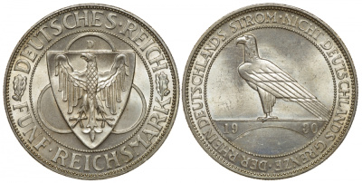 Германия 5 марок 1930 D, освобождение Рейнланда J. 346, KM 71 серебро UNC 00-000-00