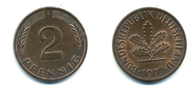 ФРГ 2 пфеннига 1977 F KM 106a, J.381a сталь плакированная медью 3999-1139