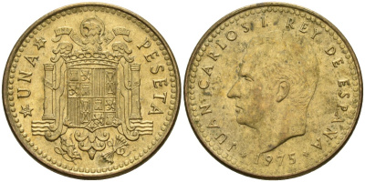 Испания 1 песета 1975 (77) Хуан Карлос I (1975-2014) KM 806 алюминиевая бронза 4604-212