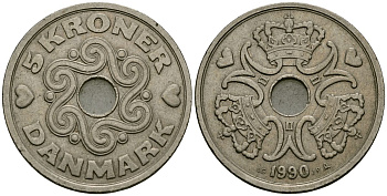 Дания 5 крон 1990 Маргрете II (1973 - 1988) KM 869 медно-никель 111-844