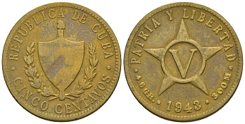 Куба 5 сентаво 1943 KM 11.3a, Y 5a латунь 4116-322