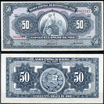 Перу 50 солей 1963 сидящая свобода, Thomas de la Rue, серия H53 Pick 85 a  бумага  aUNC 451-807-2