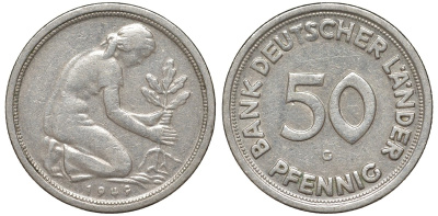 ФРГ 50 пфеннигов 1949 G KM 104, J. 379 медно-никель 4132-633