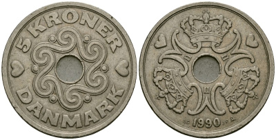 Дания 5 крон 1990 Маргрете II (1973 - 1988) KM 869 медно-никель 111-844