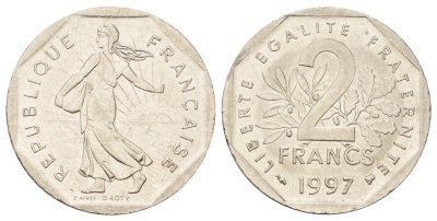 Франция 2 франка 1997 сеятель KM 942.1 никель UNC 4700-136
