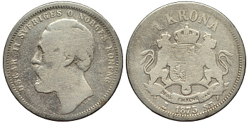 Швеция 1 крона 1875 ST, Оскар II (1872-1907) король Швеции и Норвегии KM 741 серебро 1528-821
