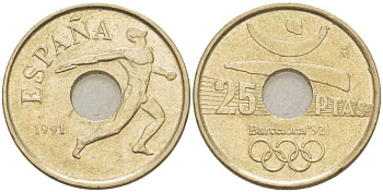 ИСПАНИЯ 25 ПЕСЕТ 1991 ОЛИМПИЙСКИЕ ИГРЫ В БАРСЕЛОНЕ 1992 ГОДА, ДИСКОБОЛ, ХУАН КАРЛОС I (1975-) KM 850 никель бронза 213-212