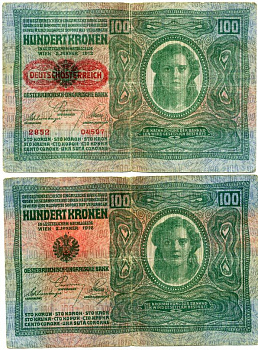 Австрия 100 крон 1912 (1919) красная надпечатка на Pick 12, на аверсе Pick 56 a бумага 2192-80-2