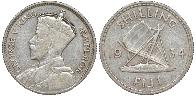 Фиджи 1 шиллинг 1934 Георг V (1910-1936), парусник KM 4 серебро    91-1011