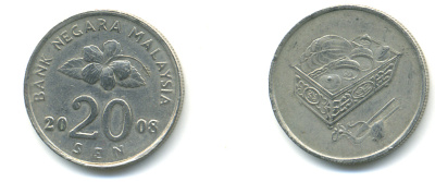 Малайзия 20 сенов 2008 цветок KM 52 медно-никель 176-1023