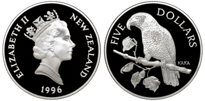 Новая Зеландия 5 долларов 1996 попугай кака KM 97 a серебро PROOF 4-3-4-41