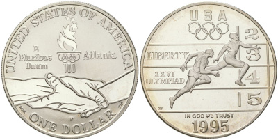 США 1 доллар 1995 Р, XXVI Олимпийские игры в Атланте, легкая атлетика KM 264 серебро PROOF 11-345-15