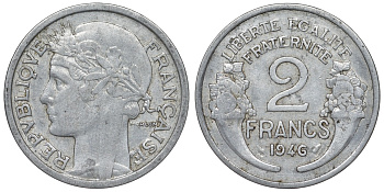 Франция 2 франка 1946 KM 886а.1, Le Franc 269.8 алюминий 4123-341