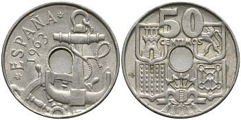 Испания 50 сентимо 1963 (64) Франсиско Франко (1939-1975) KM 777 медно-никель 4171-433