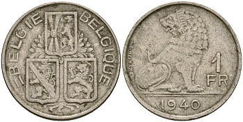 Бельгия 1 франк 1940 BELGI? - BELGIQUE KM 120 никель 51-313