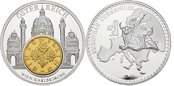 Нидерланды медаль 1993 серия европейские доевровые монеты, 54 гр., 50 мм.,с сертификатом, Австрия, Вена, собор Карла  серебрение  PROOF  06-026-33