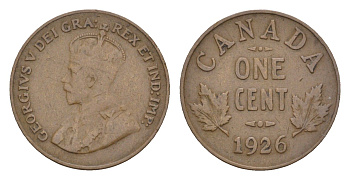 Канада 1 цент 1926 Георг V (1910-1936), редкий год - 2.143.372 экземпляров KM 28 бронза 4655-436