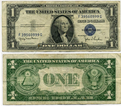 США 1 ДОЛЛАР 1935 D ВАШИНГТОН, СИНЯЯ ПЕЧАТЬ Pick 416D1 бумага 444-116-2