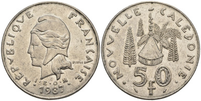 Французская Новая Каледония 50 франков 1987 хижина среди сосен и пальм, (IEOM) KM 13, Schoen 15, Lec 121 никель 4120-714