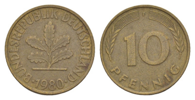 ФРГ 10 пфеннигов 1980 F KM 108, J. 383 сталь плакированная латунью 4630-1268