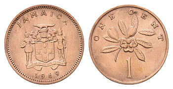 Ямайка 1 цент 1969 герб, фрукт аки KM 45 бронза aUNC 4689-1225