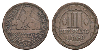 Мюнстер 3 пфеннига 1740 Монетный двор кафедрального капитула KM 430 медь 633-1433