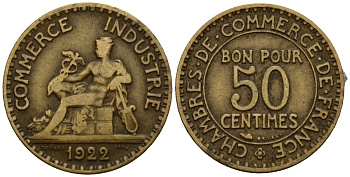 Франция 50 сантимов 1922 тип Chambre de Commerce KM 884, Le Franc 191.5 алюминиевая бронза 4602-162