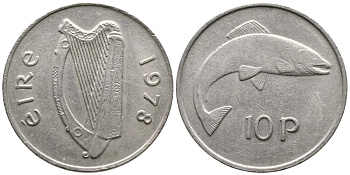 ИРЛАНДИЯ 10 ПЕНСОВ 1978 ЛОСОСЬ KM 23 медно-никель 4110-444