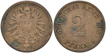 Германия 2 пфеннига 1875 A, старогербовка KM 2, J. 2 медь 4575-626